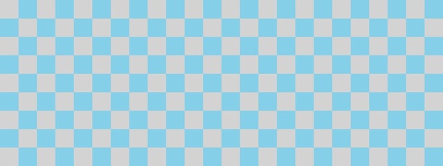 Checkerboard banner. Sky blue and Light grey colors of checkerboard. Small squares, small cells. Chessboard, checkerboard texture. Squares pattern. Background.