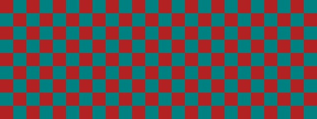 Checkerboard banner. Teal and Firebrick colors of checkerboard. Small squares, small cells. Chessboard, checkerboard texture. Squares pattern. Background.