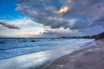 Storm on the Baltic Sea at sunset, Gdansk. Poland