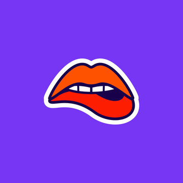Womans sensuous lips, beautiful open mouth biting lip with lipstick, sticker in the pop art style