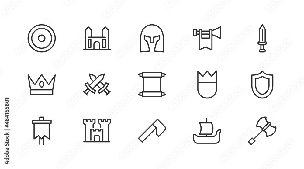 Canvas Prints editable vector pack of medieval line icons.