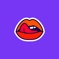 Female licking sexy lips, beautiful mouth with tongue and teeth, sticker in the pop art style