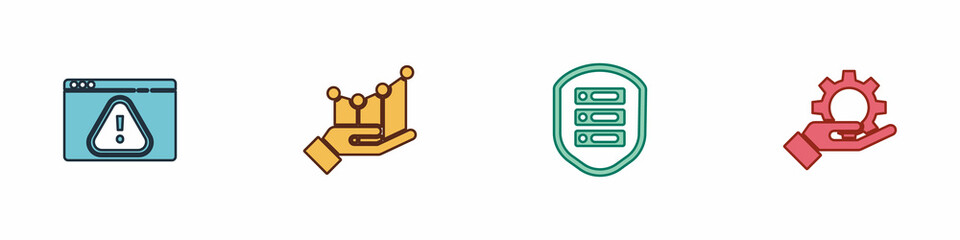 Set Browser with exclamation mark, Pie chart infographic, Server shield and Hand settings gear icon. Vector