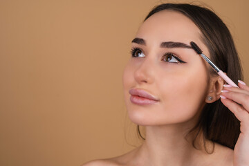 Close up beauty portrait of a woman with perfect skin and natural makeup, shiny lips, holding an eyebrow brush.