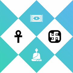 Set Cross ankh, Buddhist monk, Traditional carpet and Jainism icon. Vector