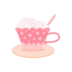 Pink latte coffee cup isolated on white background. Valentine's day element. Good for scrap booking, posters, greeting cards, banners, gifts, shirts, mugs or other gifts