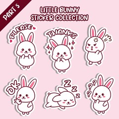 Set of little bunny sticker collection. Kawaii cute cartoon character design. Please, thanks, angry, OK, sleep, confuse emoticon