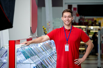 Portrait of pleasant smiling consultant in red uniform posing by shopfront, looking at camera....