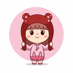 Happy cute and kawaii girl with pink hoodie bunny cartoon manga chibi character design
