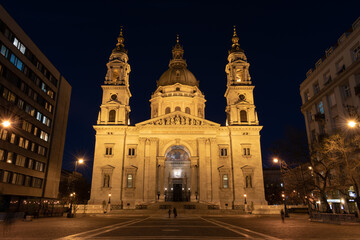 Saint Stephen (Szent Istvan) basilica church illuminated during night in Budapest Hungary Europe