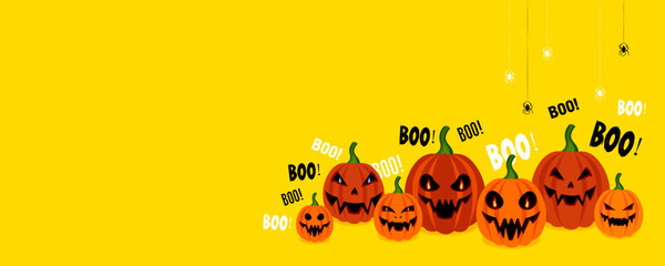 Halloween banner. Yellow background with pumpkins. Layout for advertising