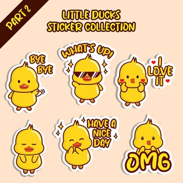 Set of little duck sticker collection. Kawaii cute cartoon character design. Bye, whats up, i love it, have a nice day, OMG emoticon