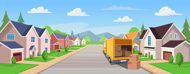Suburban houses, street with cottages with garages  and a truck with boxes. A street of houses with green trees and a road in perspective. Village. The concept of buying a home, moving Vector