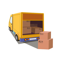 Yellow delivery truck with cardboard boxes. Vector illustration