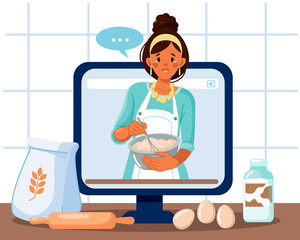 Cooking video broadcast, channel or blog with an online cooking lesson. Cooking live streaming. A young African-American cook cooks healthy food in the kitchen.A female chef on the monitor screen.