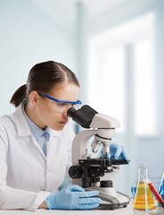 Microbiologist examining biological samples with a microscope in the laboratory.