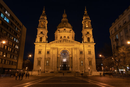 Saint Stephen (Szent Istvan) basilica church illuminated during night in Budapest Hungary Europe