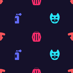 Set Cat, Pet shampoo, carry case and nose on seamless pattern. Vector