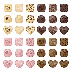 Vector set of white, milk, rose and dark chocolate candies decorated with pastry cream.