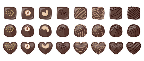 Vector set of different shaped dark chocolate sweets decorated with nuts and cream isolated on white background.
