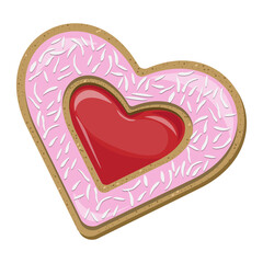 Heart shaped cookie covered with pink icing with jam and coconut flakes isolated on white background. Vector illustration.

