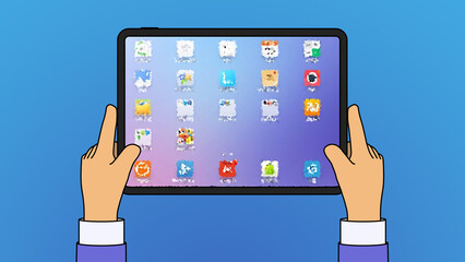 Cartoon male hands hold tablet on blue gradient background with stylized display. Hands use tablet mockup. Horizontal banner Illustration 