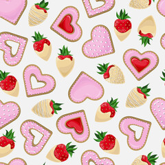 Vector seamless romantic pattern with sweets. Heart shaped cookies with pink icing with red jam and strawberries in white chocolate.