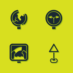 Set Road traffic sign, Triangle warning blank, Drawbridge ahead and Fork the road icon. Vector