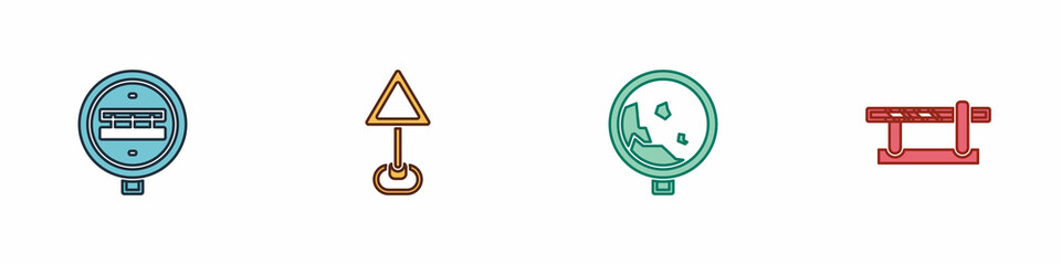 Set Railroad crossing, Triangle warning blank, Road rockfall and Parking car barrier icon. Vector