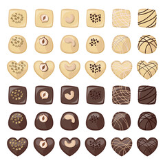 Vector set of white and black chocolate candies decorated with nuts.