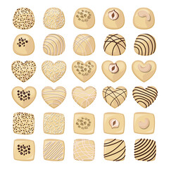 Vector set of white chocolate candies decorated with coconut flakes, nuts, confectionery topping.