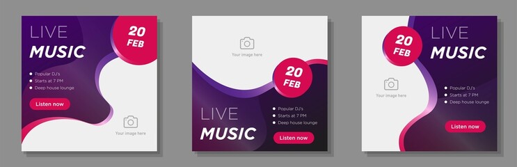 Live music social media post, banner set, online concert advertisement concept, music industry marketing square ad, abstract print, isolated on background