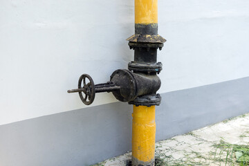 Pipe with gate valve at the factory. Fuel pipeline.