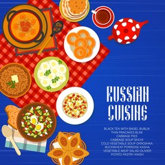 Russian cuisine menu cover for restaurant food and dishes of Russia, vector poster. Russian cuisine lunch and dinner menu for vegetable meat salad olivier, okroshka and cabbage soup shchi with pastry