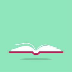 Open book with red book cover isolated on powder blue background. Cartoon vector illustration. Reading, education, learning logo.