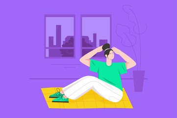 Sport training at home modern flat concept. Woman exercising and doing twisting of torso sitting on mat. Young girl practicing yoga in room. Vector illustration with people scene for web banner design