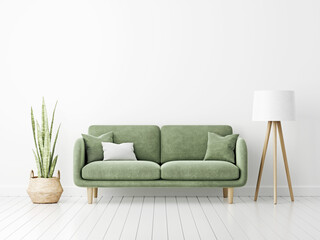 Interior wall mockup with green velvet sofa, snake plant in basket and standing lamp on empty white background. Illustration, 3d rendering