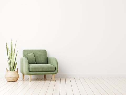 Empty living room wall mockup with green velvet armchair, pillow and snake plant in basket on blank white interior background. Illustration, 3d rendering