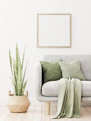 Square frame mockup in interior with gray sofa, cushions, green plaid and snake plant in wicker basket on empty white wall background. Illustration, 3d rendering