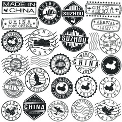 Fototapeta premium Suzhou, Jiangsu, China Set of Stamps. Travel Stamp. Made In Product. Design Seals Old Style Insignia.