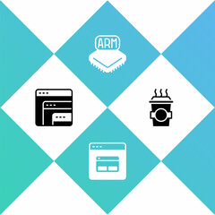 Set Software, Search engine, Processor and Coffee cup to go icon. Vector