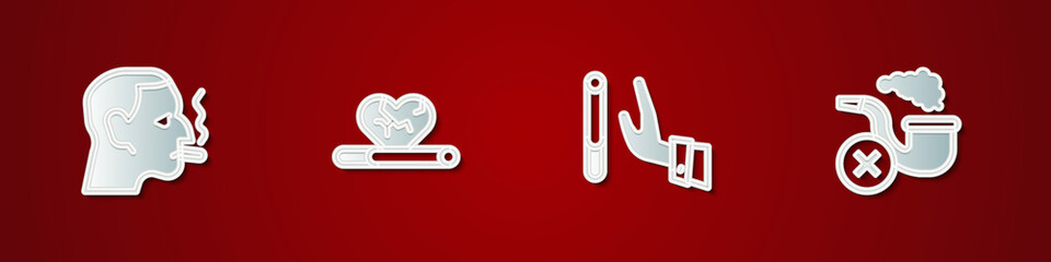 Set Man smoking a cigarette, Heart disease with, Giving up and Smoking pipe smoke icon. Vector