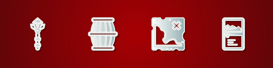Set Magic wand, Gun powder barrel, Pirate treasure map and Card game collection icon. Vector