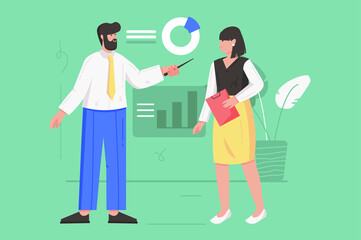 Business process and data analysis modern flat concept. Businessman and businesswoman discussing financial statistics and brainstorming. Vector illustration with people scene for web banner design