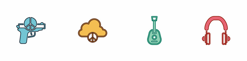 Set No war, Peace cloud, Guitar and Headphones icon. Vector