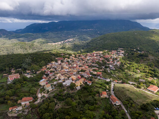 Aerial drone panoramic view of beautiful sokraki village in corfu island greece