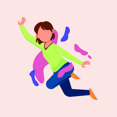 Young girl jumping with raised one hand.  The concept of healthy lifestyle, success. Vector illustration in a flat style.