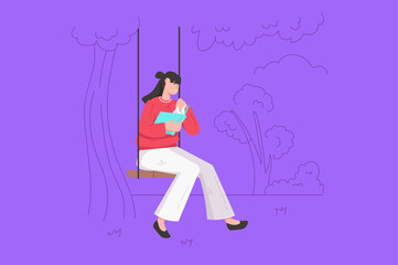 People reading book modern flat concept. Happy woman is reading novel or story while sitting on swing. Female reader enjoying literature. Vector illustration with character scene for web banner design
