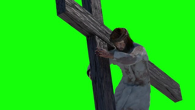 Jesus Christ carrying the cross, of easter symbol, render 3d on green background