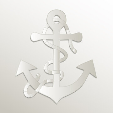Anchor with rope, symbol icon, card paper 3D natural vector
